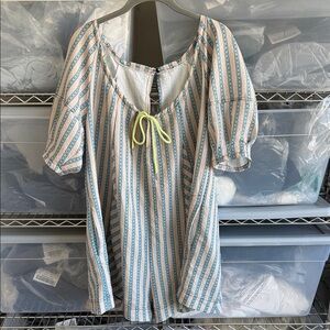 Striped Blue and White romper with Yellow Tie